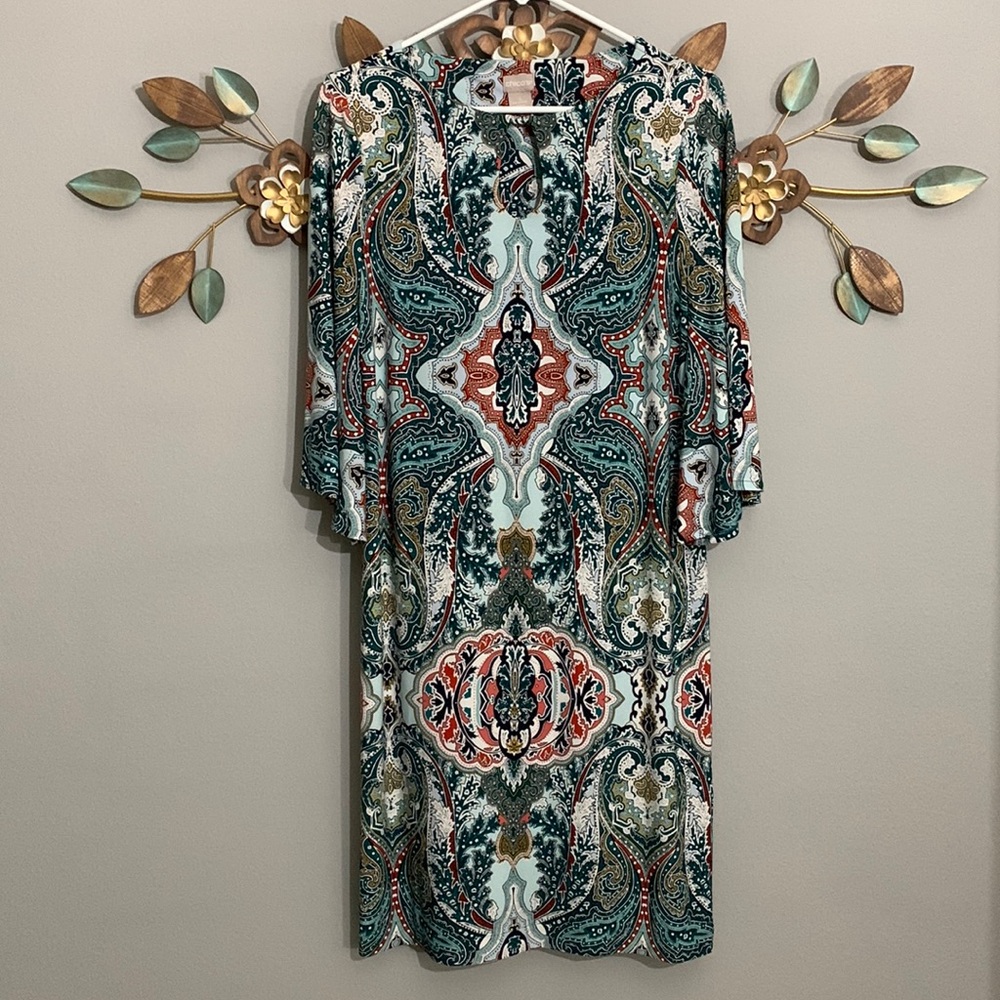 Chico's Green White Paisley Print Shift Dress Size 0 Small